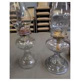 Pair of Clear Glass Oil Lamps with Chimneys