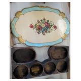 Decorative Floral Serving Tray and Wooden Compartm
