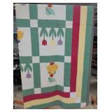 Handmade Floral Applique Quilt with Tulips and Sun