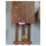 Mission Oak Wall Clock with Brass Pendulum, Runs
