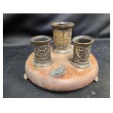 Wooden and Brass Triple Inkwell Stand Desk Accesso