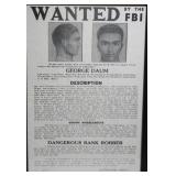 1944 FBI Wanted Poster For George Daum, 17x12
