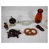 Flat of Bottle and Jugs, Amber Pint Milk Bottle,