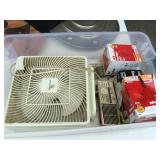 boxlot lightbulbs, Life magazines, fan, shield