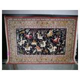 Signed Qum Persian Hunting Scene Rug, 60"x43",