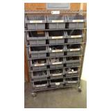Rolling rack with 18 bins with miscellaneous