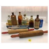 Vintage Rolling Pin and Bottle Lot