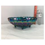 Vtg Blue Carnival Glass Oval Fruit Bowl