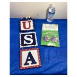 Wooden USA Sign & Paper Lanterns