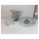 Glass Cake Plate, Pitcher & Fruit Cups