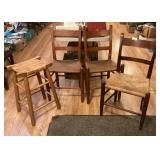 3 Cane Bottom Chairs & 1 Stool