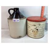 Crock Jug w/Paint & Old Line Candy Co Tin