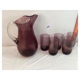 Purple Glass Pitcher w/5 Glasses