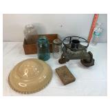 Wooden Box, Jars, Vintage Lampshade & Misc