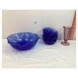 Blue Glass Bowls & Fenton Vase