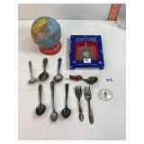 Globe Bank, Hallmark Ornament & Asst Spoons