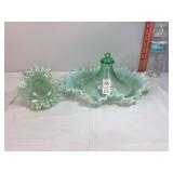 Fenton Green Ruffled Bowl Base & Trumpet Vase
