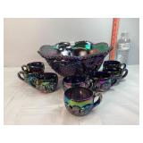 Amethyst Carnival Glass Punch Bowl & Cups