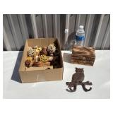 Jar Filler, Wooden Box & Cast Owl Hook