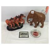 Horses, Wooden Carved Elephant & Misc