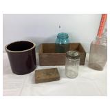 Crock, Bottles, Wooden Box & Misc