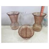 Pink Depression Glass Vases & Divided Bowl
