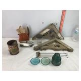Vtg Tin, Decorative Wooden Corner Pieces & Misc