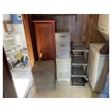 Plastic drawers shelf and wooden cabinet