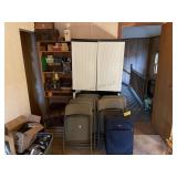 Metal folding chairs, 2 shelves, and suitcase