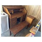 Oak Roll Top Desk, File Cabinet, Bench