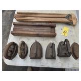 6 Vintage Sad Irons and 2 Clothes Dryers