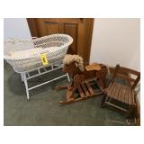 Wooden Rocking Horse, Wicker Bassinet and Chair