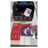 MISC TOOL LOT - TOTE, KNIFE, SCREWDRIVER, APRON