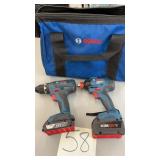 2 BOSCH 18V DRILLS W/ BATTERIES & BAG-NO CHARGER