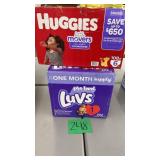 BOX OF LUVS & HUGGIES DIAPERS (SIZE 1 & 6)