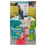 1 BOX OF PAMPERS DIAPERS & 1 MOBY WRAP