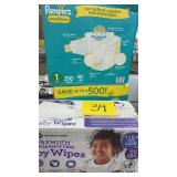 2 BOXES OF PAMPERS DIAPERS, 1 BOX OF WIPES