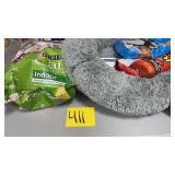 LOT OF DOG TREATS, CAT FOOD & 1 SMALL PET BED