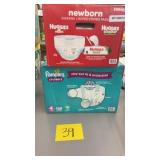 1 BOX OF HUGGIES DIAPERS, 1 BOX OF PAMPERS