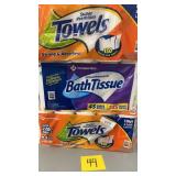 2 PACKS OF PAPER TOWELS, 1 PACK OF TOILET TISSUE
