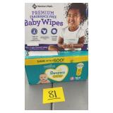 BOX OF PAMPERS DIAPERS & BOX OF BABY WIPES