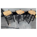 3 BLACK W/ RUSH BOTTOM BAR STOOLS