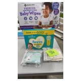 MISC LOT - BABY WIPES, DIAPERS & SIZE NB BODYSUITS