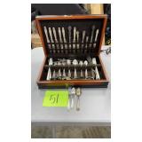 MISC SILVERWARE IN WOOD CASE W/ 3 STERLING PIECES