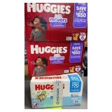 2 BOXES HUGGIES DIAPERS, 1 BOX HUGGIES WIPES