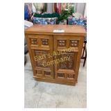 WOOD ORIENTAL CARVED FLIP TOP WINE/BAR CABINET