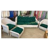 WHITE WICKER OUTDOOR SET W/ GREEN CUSHIONS