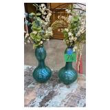 LOT OF 2 BLUE GLASS DECOR URNS W/ FAUX FLOWERS LOT OF 2 BLUE GLASS DECOR URNS W/ FAUX FLOWERS