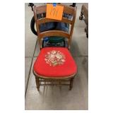 ANTIQUE WOOD CHAIR W/ RED SEAT