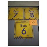 (3) 12' x 12' OLD METAL BOX SIGNS (BOX 6,7,8) (3) 12' x 12' OLD METAL BOX SIGNS (BOX 6,7,8)